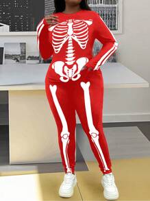 SHEIN LUNE Plus Size 2pcs Women Halloween Outfit, Long Sleeve Leisure Printed Shirt And Pants Set - Red - View 4