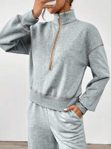 SHEIN LUNE 1pc Women Half-Zip Colorblock POLO Collar Casual Sports & Home Comfortable Elegant Outdoor Warm Lining Sweatshirt, Autumn/Winter