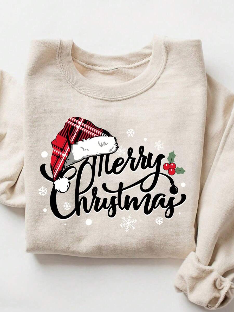 SHEIN Essnce 休闲简约图案印花圆领长袖厚宽松女式连帽衫运动衫，冬季 - 杏色 - 查看 1