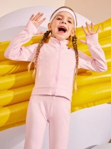 SHEIN 2 件套年轻女孩运动装，包括弹力拉链夹克和高腰喇叭裤瑜伽/网球/羽毛球运动裤，适合户外活动和日常锻炼 - 粉色 - 查看 3