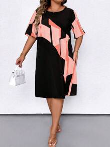 SHEIN LUNE 大码拼色圆领短袖休闲连衣裙 - 粉色 - 查看 3