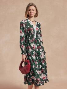 Chiquease 女士花卉印花撞色蕾丝 V 领连衣裙，秋季优雅风格