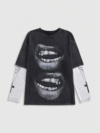 Street Life Camiseta holgada de estilo unisex para mujer con estampado de labios, lavado a la moda