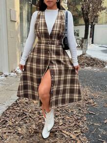 SHEIN Franclia Plus Size Retro Diepe V-hals Geruite Tweed Pinafore Jurk