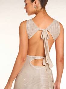 Glamine 女士米色时尚性感不对称绑腿露背高腰镂空高开叉腿部约会晚礼服、派对礼服、舞会礼服 - 金色 - 查看 8