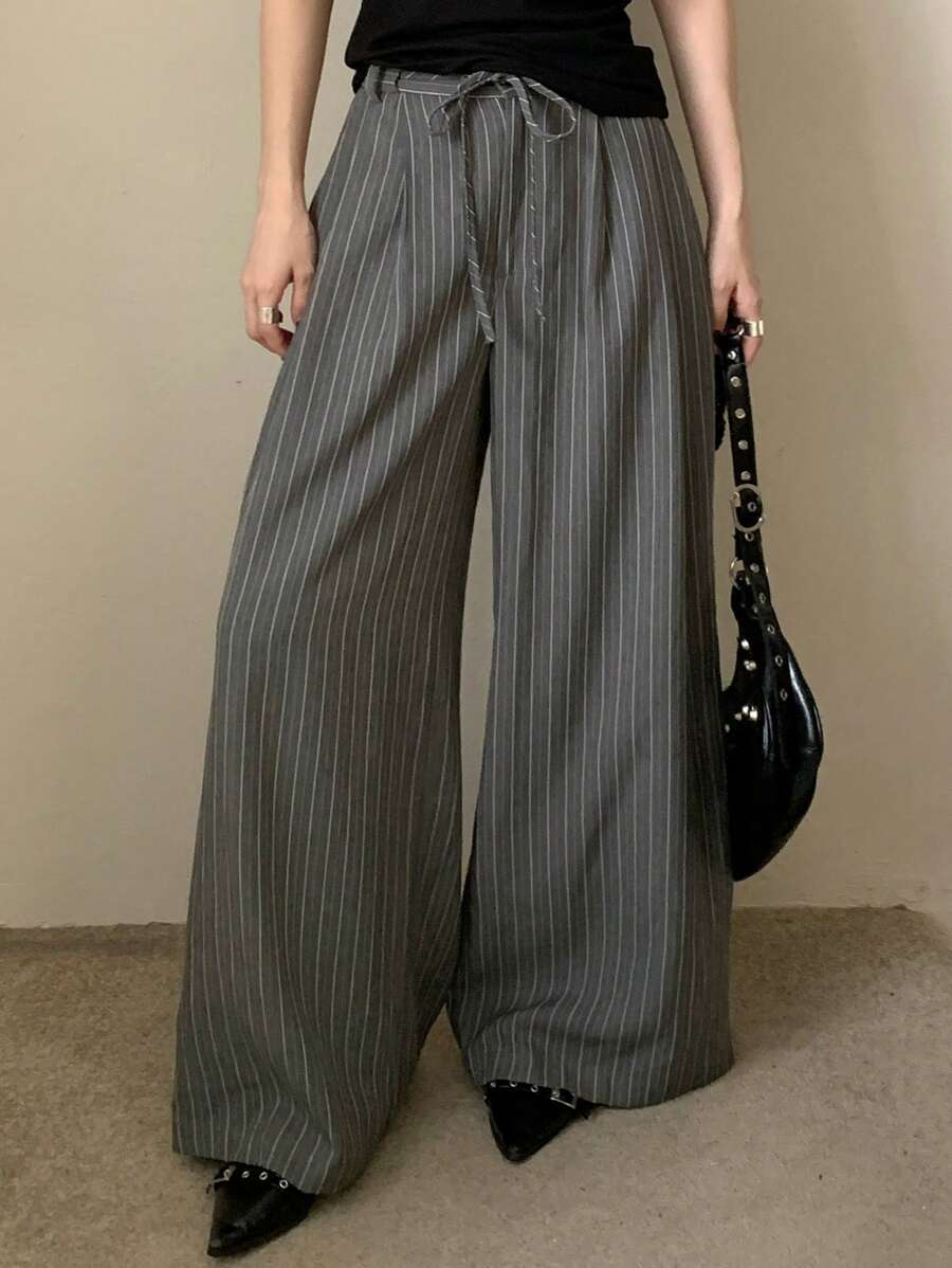 DAZY Women's Striped Cinched Waist Decor Wide Leg Pants