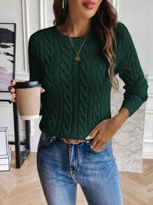 SHEIN PETITE Solid Color Round Neck Cable Knit Casual Pullover Sweater Knit Pullover Fall Winter - Dark Green - View 3