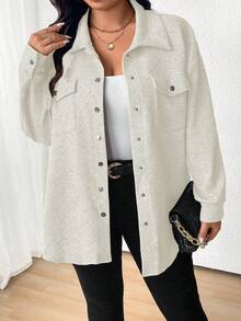 SHEIN LUNE 大码时尚简约翻领纽扣夹克，适合秋冬季 - 米色 - 查看 3