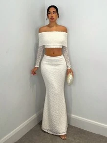 SHEIN BAE Bộ 2 chiếc/bộ áo len hở vai tay dài màu trơn gợi cảm kết cấu bó sát & chân váy bút chì dài thêm, thích hợp cho buổi hẹn hò lãng mạn, kỳ nghỉ, tiệc cocktail, hộp đêm, khách dự tiệc cưới, Halloween, Giáng sinh - trắng - Xem 5