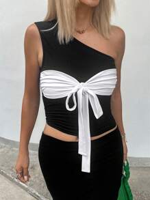 INAWLY Women's Fashionable Daily Casual Contrast Color Front Tie Strap Slim Fit Top, Summer - Black - View 1