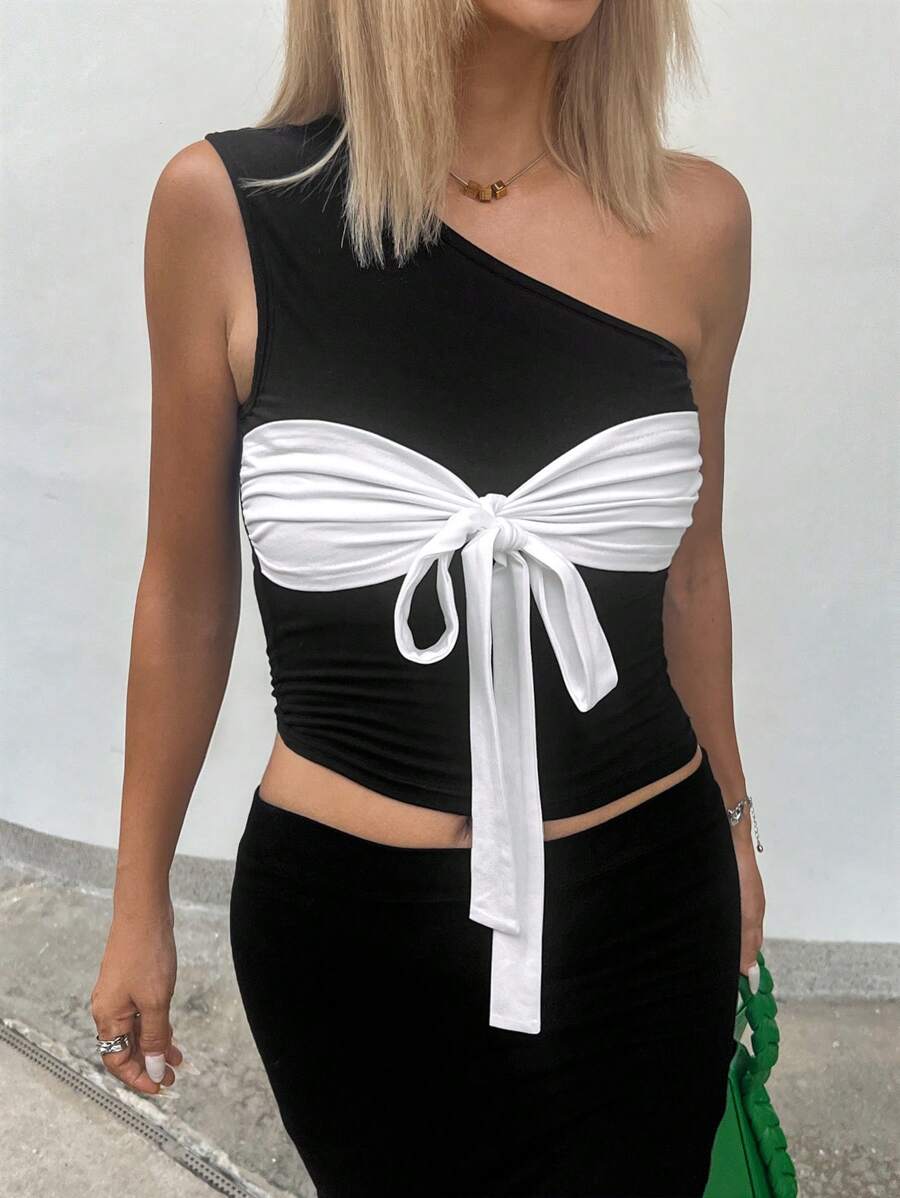 INAWLY Women's Fashionable Daily Casual Contrast Color Front Tie Strap Slim Fit Top, Summer - Black - View 1