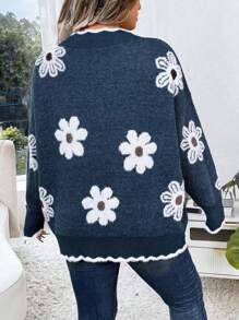 SHEIN LUNE 大码撞色滚边花卉图案针织毛衣，休闲套头衫，适合秋冬季穿着 - 藏蓝色 - 查看 2