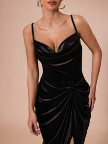 SHEIN BAE Women's Regular Elegant Party Holiday Occasion Draped Neck Slit Draped Velvet Dress - Black - View 4