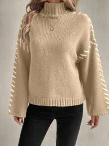 SHEIN LUNE Áo len nữ cổ cao, vai rớt, tay dài, dáng rộng, thích hợp mặc mùa thu/đông. - Màu be - Xem 5