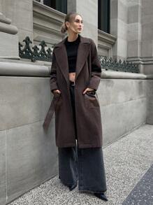 EURMUSE Urban Style Cashmere Look Leather-Like Pocket Warm Feeling Long Women's Coat