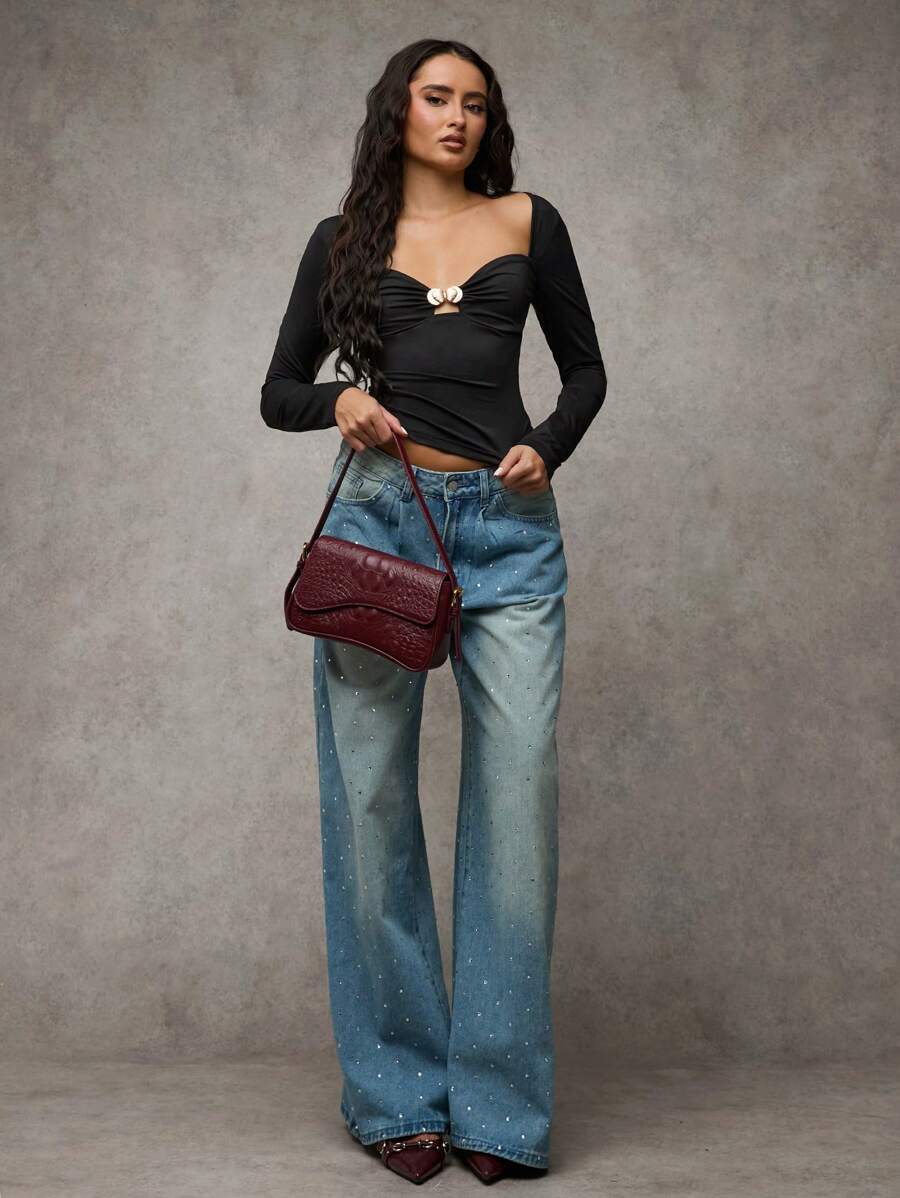 SHEIN BAE 1 Stück Damenshirt mit geraffter Passform und Metallapplikation, modisch im Herbst