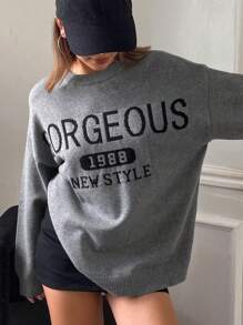 DAZY Suéter de cuello redondo de manga larga con letra y número, de tejido jacquard y corte holgado, grueso, para mujer, ropa de mujer para otoño