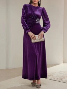 Modelyn Women Round Neck Long Sleeve Rhinestone Decor Casual Long Arabian Modest Dress Long Evening Dresses