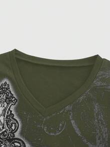 ROMWE Goth 女士十字印花 V 领修身休闲长袖 T 恤 - 軍綠色 - 查看 3