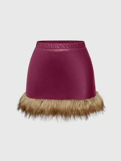 Hippie Jupe mini en patchwork en PU à taille élastique en peluche pour femmes