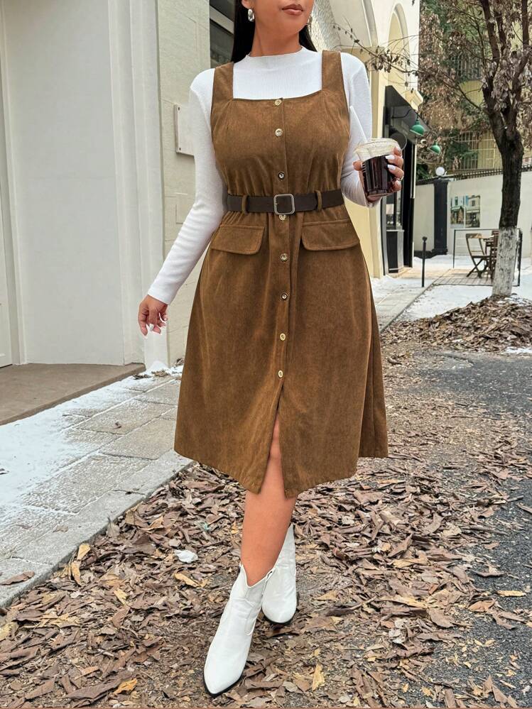 Flirla Plus Size Vintage Style Slimming Long Dress - Brown - View 5