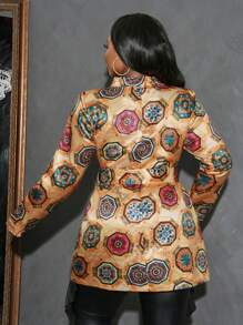 Slaydiva Chaqueta estampada con flores y lazo al frente, de satén, de talla grande para mujeres, estilo retro y lujoso