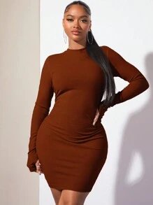 SHEIN SXY Vestido de manga larga con cuello alto, plisado y ajustado en unicolor para mujer - Óxido marrón - Ver 5