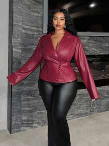 Slaydiva Giacca elegante e vintage in borgogna, con scollo a V, maniche lunghe e vita stretta, per l'autunno e l'inverno, taglie forti - Bordò - Visualizzare 5