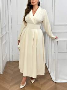 SHEIN Privé Plus Size Women Elegant Office Lady Apricot Shawl Neck Cinched Waist Long Sleeve A-Line Shirt Dress, Suitable For Fall & Winter