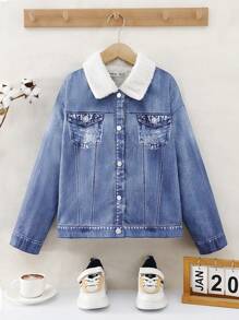 青少年女孩休闲街头服饰舒适针织牛仔效果长袖翻领夹克，适合外出、上学、日常聚会、秋冬 - 中等水洗藍 - 查看 2