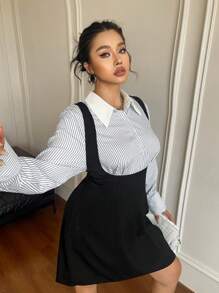 Flirla Plus Size Women 2pcs/Set Striped Patchwork Collar Blouse + Suspender Adjustable Waist Midi Dress, Autumn - Multicolor - View 5