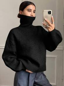 DAZY 秋季新款宽松休闲纯色女式毛衣、七分袖上衣 - 黑色 - 查看 2