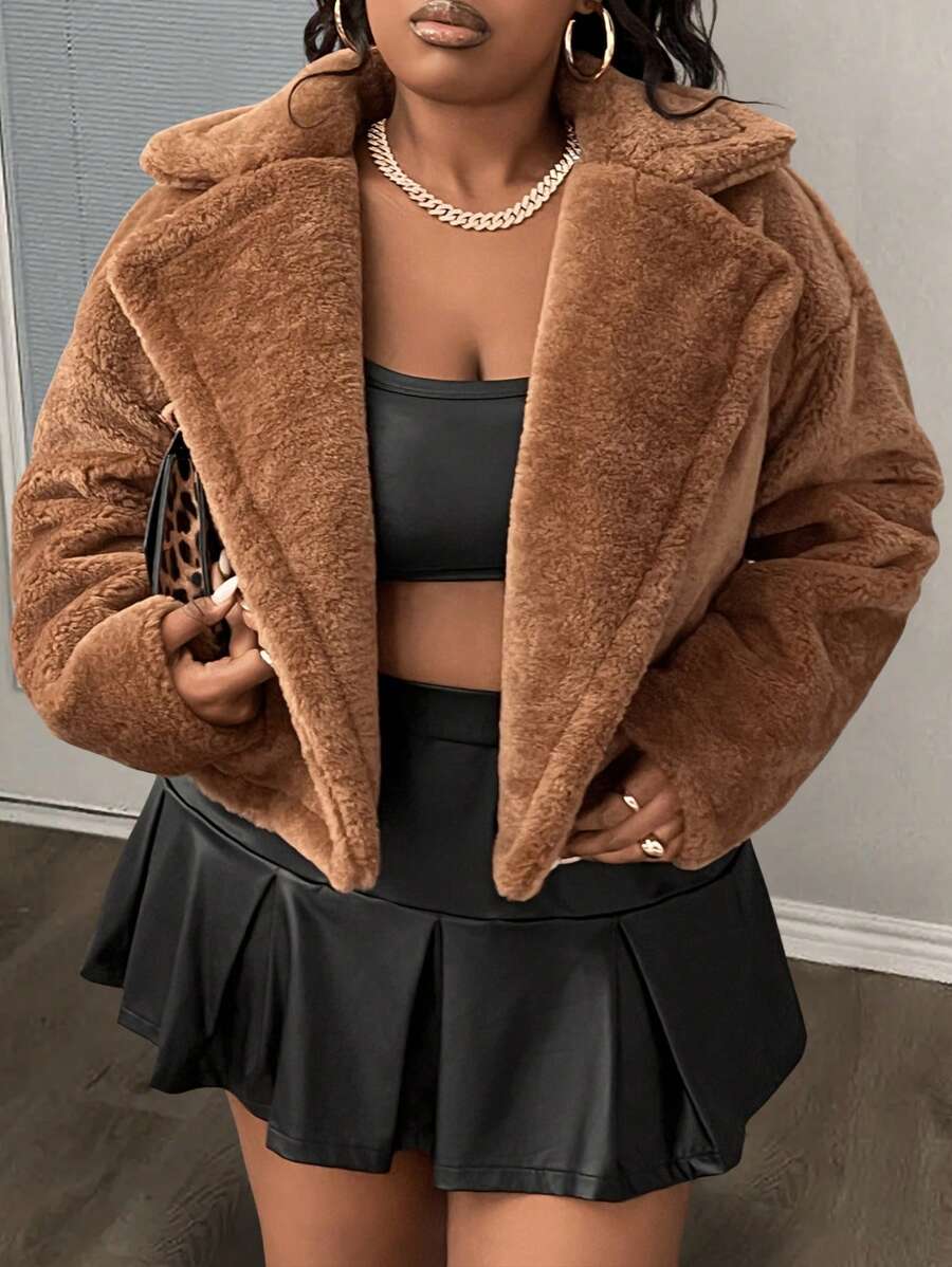 Slaydiva Plus Size Elegant, Casual, Party & Dating Versatile Solid Brown With Pockets Fluffy Women Plus Size Short Jacket, Warm For Autumn/Winter - Brown - View 1