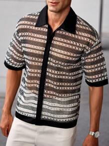 Manfinity Homme Men's Black & White Striped Print Short Sleeve Button-Up Textured Shirt