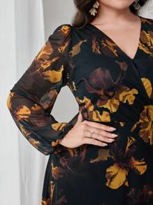 Modelyn 大码女式花卉印花 V 领透明灯笼袖优雅连衣裙长款晚礼服 - 墨綠色 - 查看 3