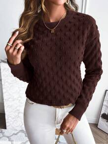 Chiquease Suéter de cuello redondo de unicolor y textura minimalista casual, jersey de punto de otoño/invierno - Café integral - Ver 5