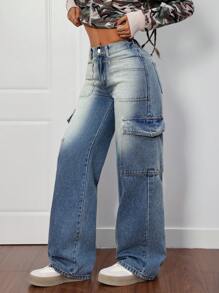 SHEIN PETITE 女士保暖内衬直筒牛仔裤，街头风格，牛仔蓝 - 深色水洗藍 - 查看 5