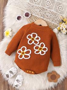 Baby Girls Caramel Floral Design Knit Romper, Warm And Fashionable Infant Bodysuit For Spring, Autumn And Winter - Brown - View 1