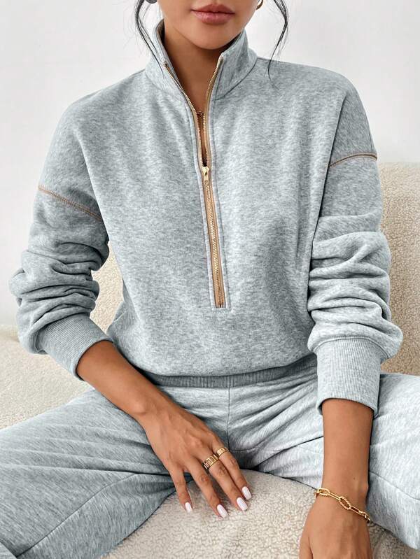SHEIN LUNE 1pc Women Half-Zip Colorblock POLO Collar Casual Sports & Home Comfortable Elegant Outdoor Warm Lining Sweatshirt, Autumn/Winter