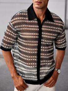 Manfinity Homme Men's Black & White Striped Print Short Sleeve Button-Up Textured Shirt