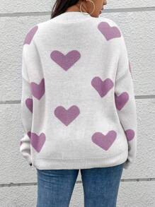 Elenzga Suéter de punto de talla grande con bloque de color con estampado de corazón para otoño e invierno - Multicolor - Ver 2