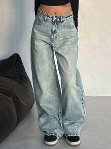 DAZY Women Casual Front Button Pocket Straight Leg Denim Jeans,Baggy Jeans