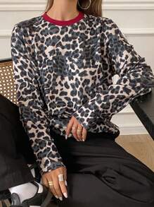 DAZY Women's Solid Color Patchwork Round Neck Long Sleeve Casual T-Shirt Cheetah Print,Fall Clothes Leopard Print - Brown - View 7