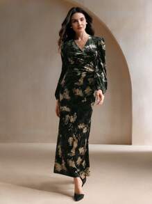 Anewsta V-Neck Wrap Allover Print Elegant Long Sleeve Dress For Holiday Party Clothes Maxi Velvet Women Outfit - Black - View 6