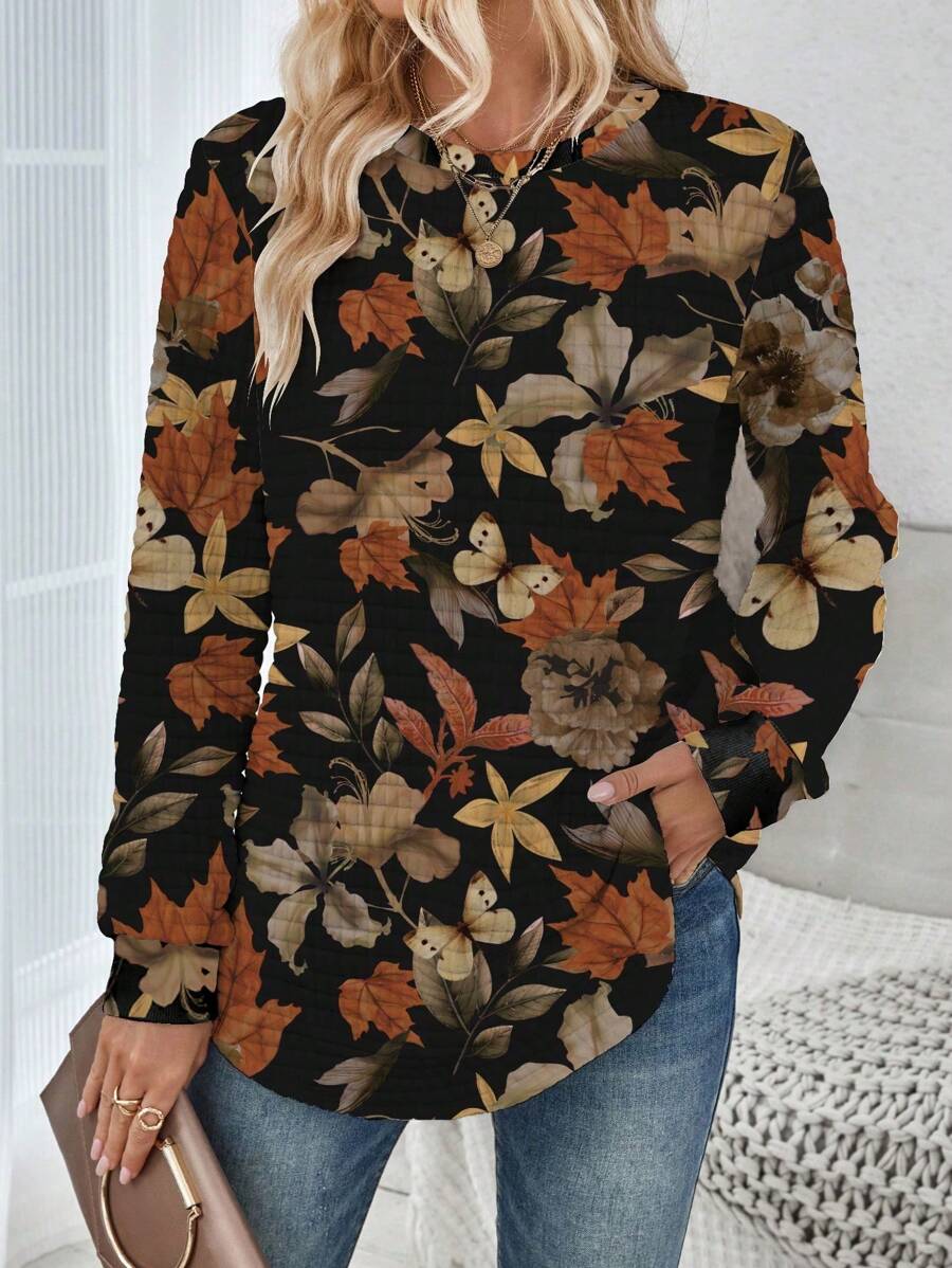 SHEIN LUNE Women's Floral Print Crew Neck Plaid Casual White Comfortable Sweatshirt With Curved Hem, Suitable For Autumn/Winter - Multicolor - View 1