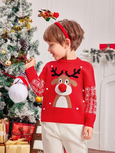 1 pieza Paquete Suéter rojo de cuello redondo cálido y grueso con decoración de bola de felpa, estampado de alce y diseño práctico y sencillo, adecuado para niños, otoño, invierno, escuela, viajes y actividades diarias