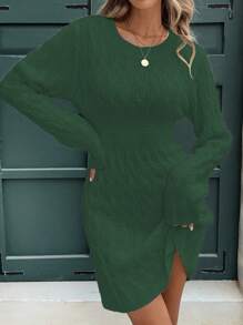 SHEIN LUNE 粗针织圆领休闲百搭长袖毛衣连衣裙