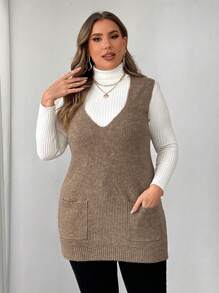 Franclia Plus Size V-Neck Pockets Solid Color Casual Comfortable Knitted Vest Sweater For Women, French Style