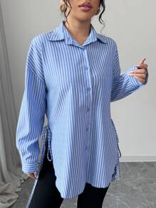 Chiquease 女士条纹领带高低休闲衬衫，韩版欧式
