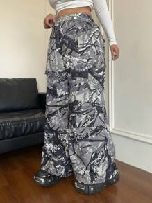 Flirla Plus Size Women Branch Print Patch Pocket Wide Leg Loose Pants Fall Cloth For Women - Multicolor - View 4